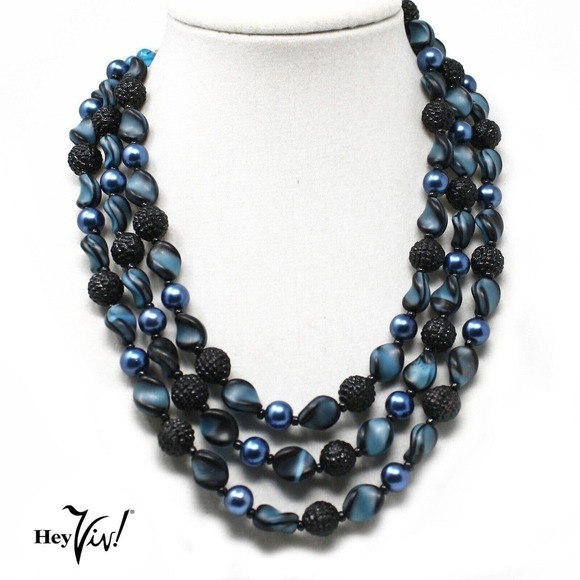 Vintage W German 3 Strand Bead Necklace Blue Black Texture Beads18" - Hey Viv - Picture 4 of 5